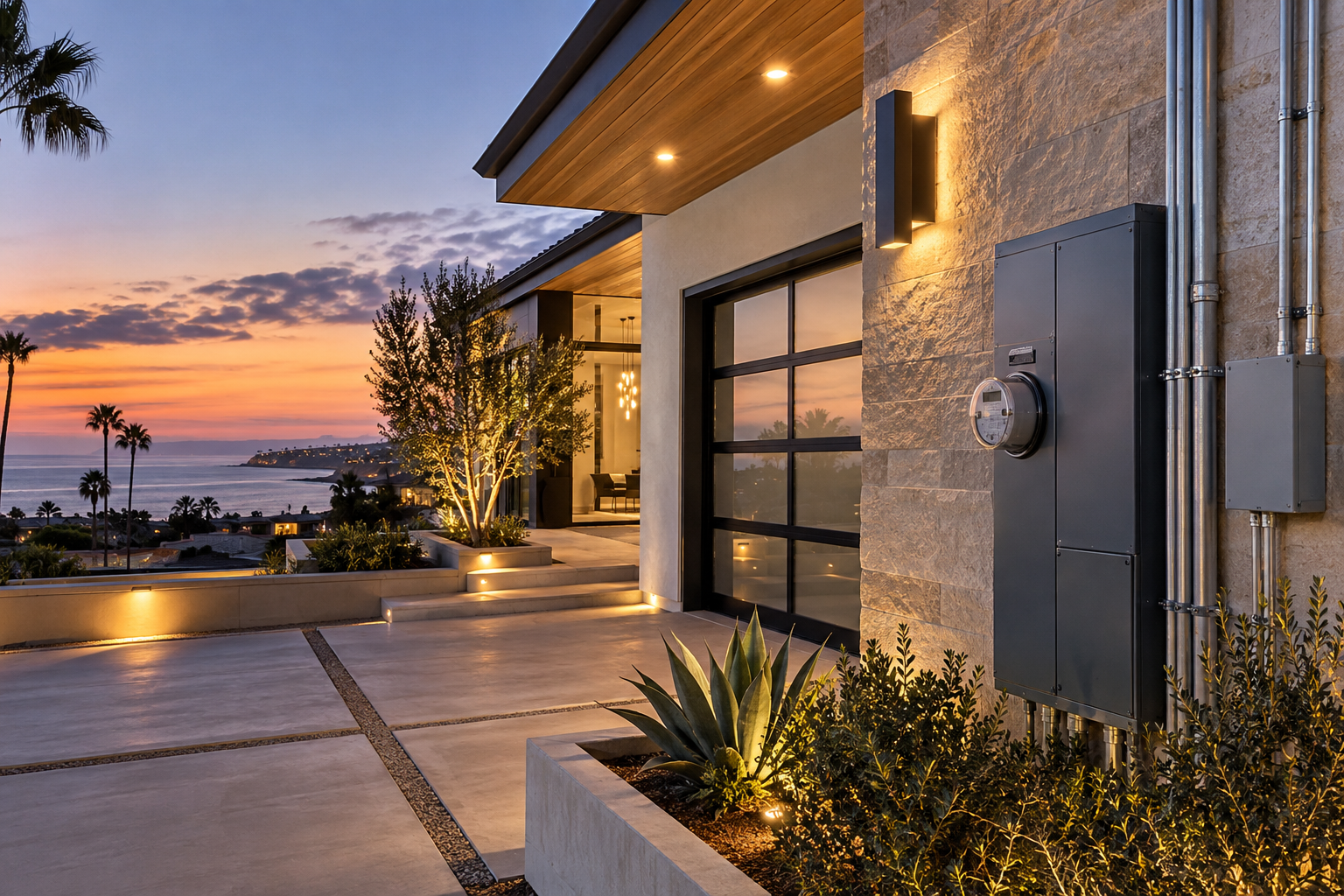 Luxury coastal San Diego home at dusk with warm architectural lighting and modern electrical service