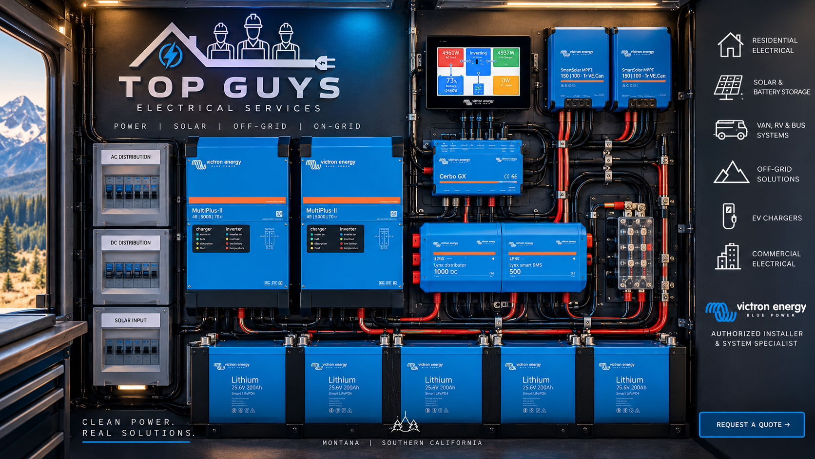 Top Guys Electrical Victron Energy power wall with MultiPlus-II inverters, Cerbo GX, Lynx BMS and lithium battery bank